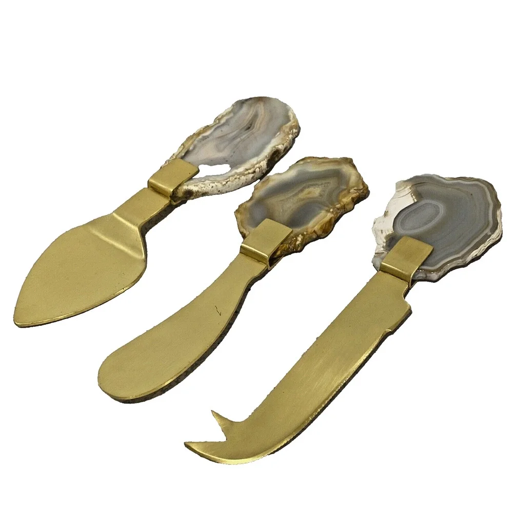 Lustrous Goldtone Metal & Raw Edge Agate Handles 3-pc Spreader Server Set Cheese